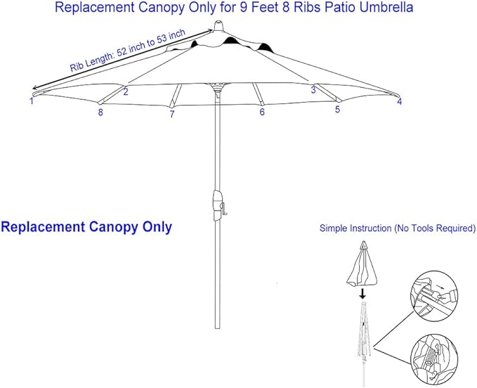 9ft Patio Umbrella Replacement Canopy Market Umbrella Top Outdoor Umbrella Canopy with 8 Ribs,Vented Canopy, Fade Resistant, UPF 50+ Excellent Sun Protection