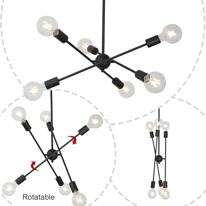 BONLICHT Sputnik Chandelier Lighting 6 Lights Black Chandelier Mid Century Pendant Light Vintage Industrial Kitchen Dining Room Ceiling Lighting Fixture for Bedroom Hallway Foyer Island Farmhouse