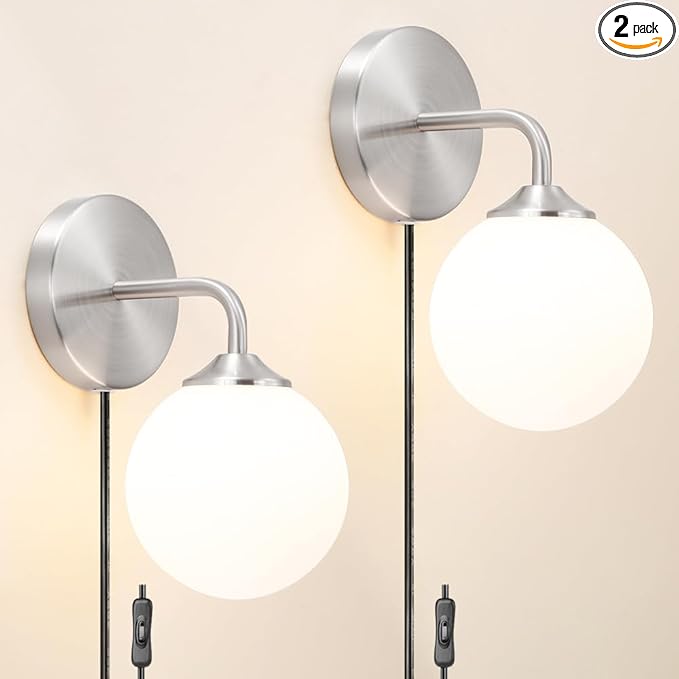 Modern Brushed Nickel Plug in Wall Sconce Set of 2, Wall Light Fixture with Milky White Globe Glass Lampshade, Wall Lamp with Plug in Cord, Art Deco Wall Light for Bedroom Living Room Hallway