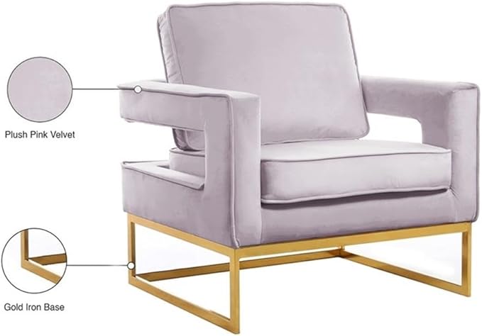 Meridian Furniture Modern | Contemporary Pink Velvet Upholstered Accent Chair with Stainless Steel Base in a Rich Gold Finish, 33.5" W x 29.5" D x 35.5" H,
