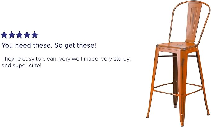 Flash Furniture Commercial Grade 30" High Distressed Orange Metal Indoor-Outdoor Barstool with Back