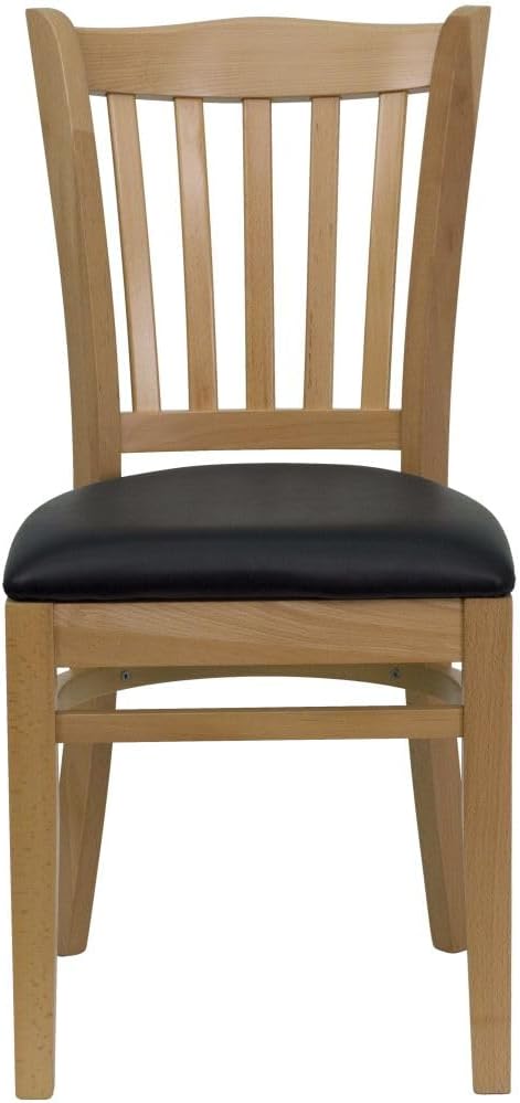 Flash Furniture 2 Pk. HERCULES Series Vertical Slat Back Natural Wood Restaurant Chair - Black Vinyl Seat