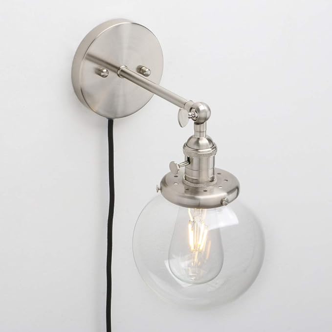 Permo 1-Light Plug in On/Off Switch Wall Sconce with Mini 5.9" Round Globe Clear Glass Shade Vintage Industrial Wall lamp Light Fixture (Brushed)