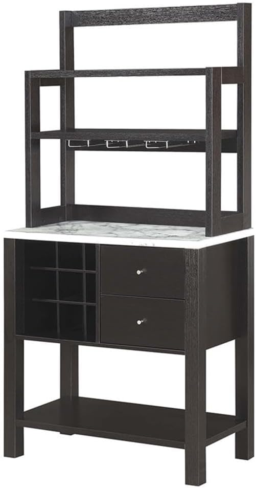 Convenience Concepts Newport Serving Bar Cart 31" - Modern Storage Bar Cabinet with Drawers, Wine Rack for Kitchen, Dining Room, Black Faux Marble/Espresso