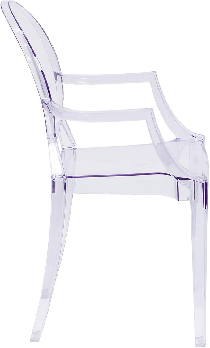 Flash Furniture Indoor/Outdoor Ghost Accent and Dining Chair with Curved Arms and Contoured Seat, Stackable Restaurant Chair, Transparent Crystal