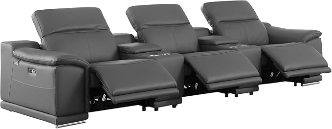 BlackJack Furniture Venice Top Grain Italian Leather Power Recline 5 Piece Sofa - 134" Theater Seating Modern Couch for Living Room Apartment Home with Adjustable Headrests & USB Port, Dark Grey