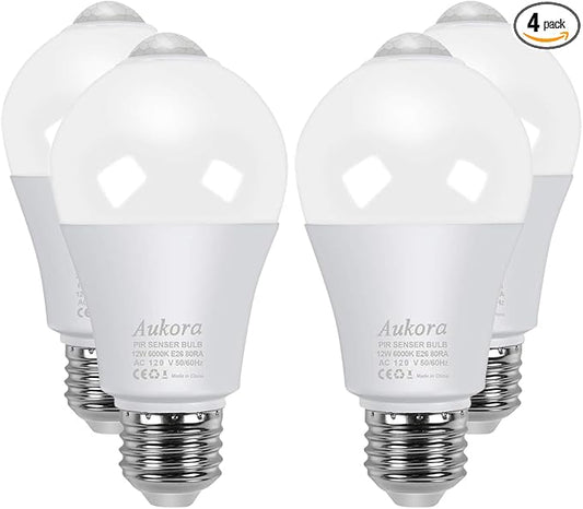 Aukora Motion Sensor Light Bulbs 4-Pack, 12W (100-Watt Equivalent) E26 Motion Activated Dusk to Dawn Security Light Bulb Outdoor/Indoor for Front Door Porch Garage Basement Hallway Closet(Cold White)