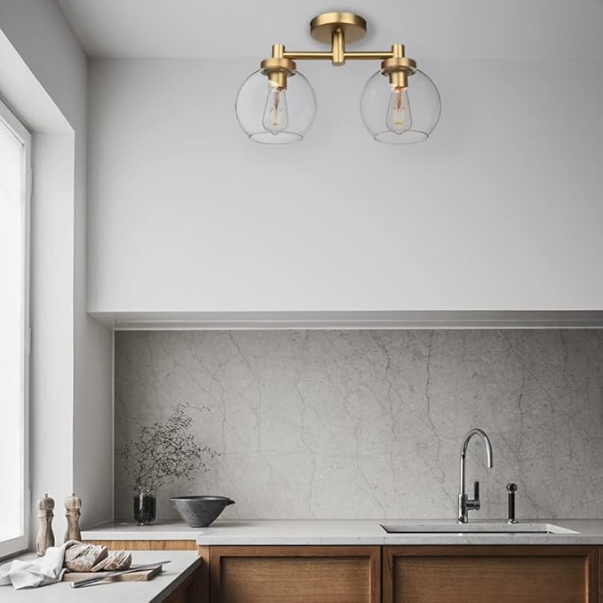 Pathson Glass Ceiling Light Fixtures, 2 Lights Globe Round Ceiling Lighting Lamp, Semi-Flush Mounted Ceiling Lights for Living Room Bathroom Hallway Loft Kitchen