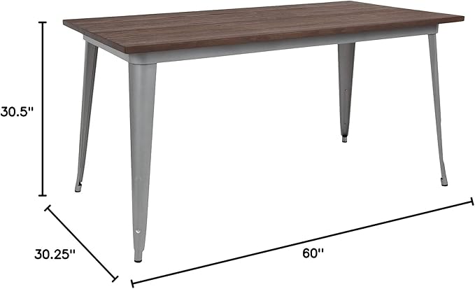 Flash Furniture Kenneth 30.25" x 60" Rectangular Silver Metal Indoor Table with Walnut Rustic Wood Top