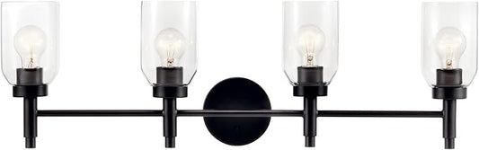 Kichler Madden 4-Light Vanity with Clear Glass in Black, Sloped Ceiling Compatible, for Single or Double Vanity in Bathroom (10.5" x 34"), 55186BK