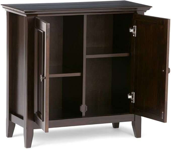 SIMPLIHOME Amherst 32-inch Wide Solid Wood Transitional-Style Low Storage Cabinet in Hickory Brown for Living Room, Entryway, or Dining Area with Adjustable Shelves