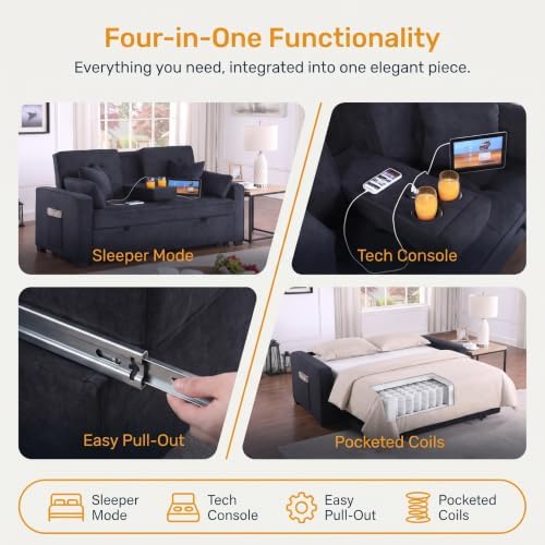 70" Queen Pull Out Sleeper Sofa with USB Port & Cup Holder, Gray