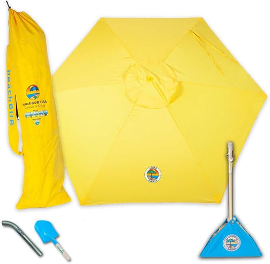BEACHBUB ALL-IN-ONE BEACH UMBRELLA SYSTEM. Includes ULTRA Base (compliant with the ASTM F3681-24 Beach Umbrella Safety Standard). (Sun-kissed Yellow)