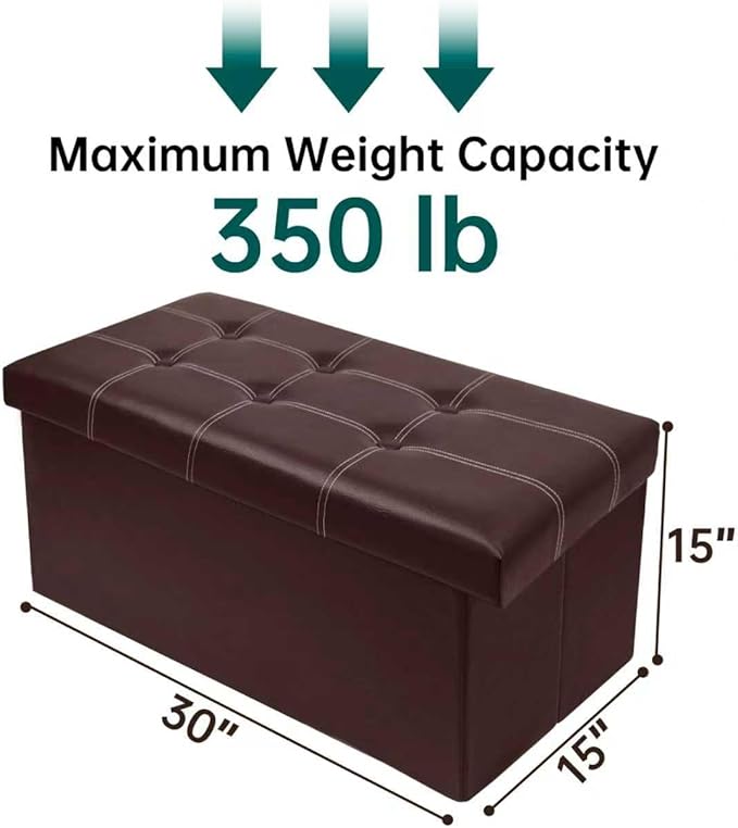 30 Inches Folding Storage Ottoman Bench, Faux Leather Footstool Ottoman, Storage Trunk Footrest for Bedroom, Living Room and Hallway, Support 350lbs, Brown (White line)
