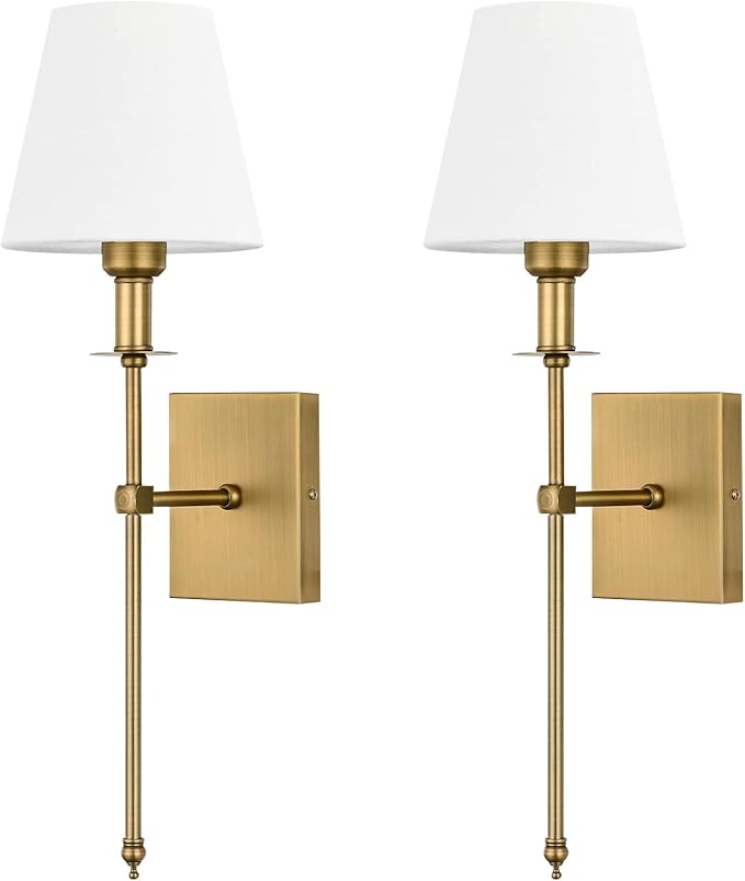 Pauwer Hardwired Wall Sconces Set of 2 - Professional Installation Required - White Fabric Shade Indoor Wall Lamp Column Stand Bedroom Bathroom Vanity Wall Light Fixture, Antique Brass