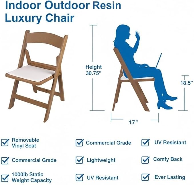 BTEXPERT Resin Folding Chair Vinyl Padded Seat Indoor Outdoor Lightweight Set for Home Event Party Picnic Kitchen Dining Church School Weddings- Set of 2 Natural Chestnut