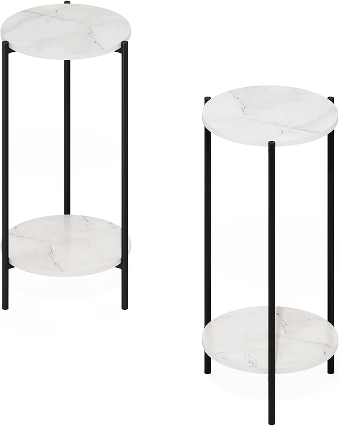 Furinno BESI Side Table Set of 2, 2-Tier Small Round End Table with Metal Legs, Metal Frame Night Stand, Bedside Table with USB and Type-C Charging Port, for Living Room, Bedroom, Marble White