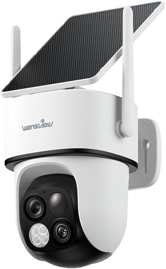wansview Solar Camera Outdoor Wireless-2K 360°PTZ Cameras for Home Security with Dual Lens, Solar Panel/Battery Powered, PIR Detection, Color Night Vision, 2.4Ghz Wi-Fi Only, Works with Alexa, B7 1P W