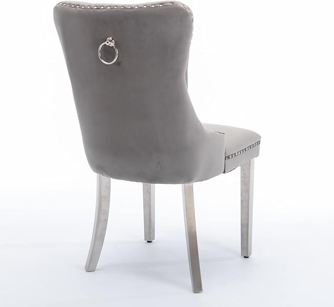 Solid Wood Dining Chair with Nailhead Trim,Velvet Upholstered W/Chrome Stainless Steel Plating Legs,Set of 2,for Living Room,Apartemnt,Gray and Chrome