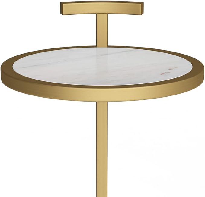 SIMPLIHOME Brook C Side Table - 10 inch Wide Metal Frame Plant Stand with White Marble Top in Gold Finish, Contemporary Slide-Under Accent Table for Living Room, Entryway, or Bedroom
