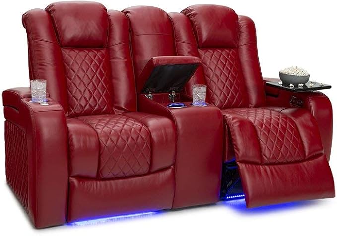 Seatcraft Anthem Italian Leather Sofa w/Fold-Down Table & Loveseat w/Storage Console, Living Room, Power Headrest, Power Recline, Red