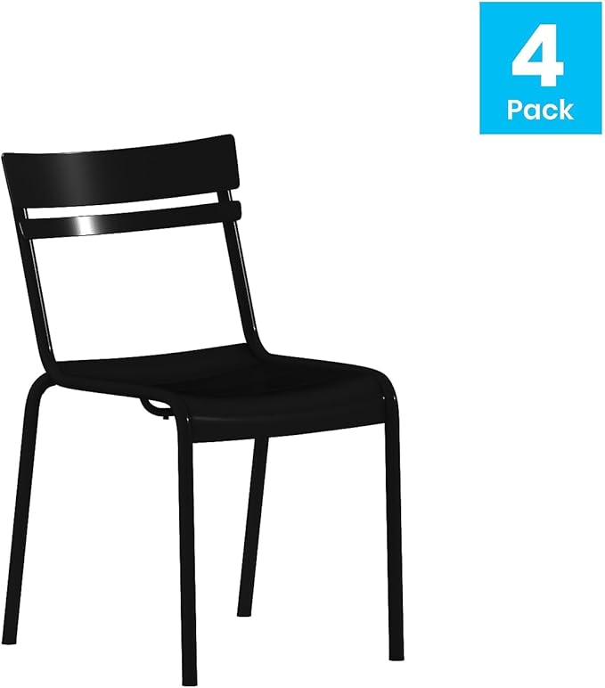 Flash Furniture Nash Commercial Grade Steel Stack Chair, Indoor-Outdoor Armless Chair with 2 Slat Back, Set of 4, Black