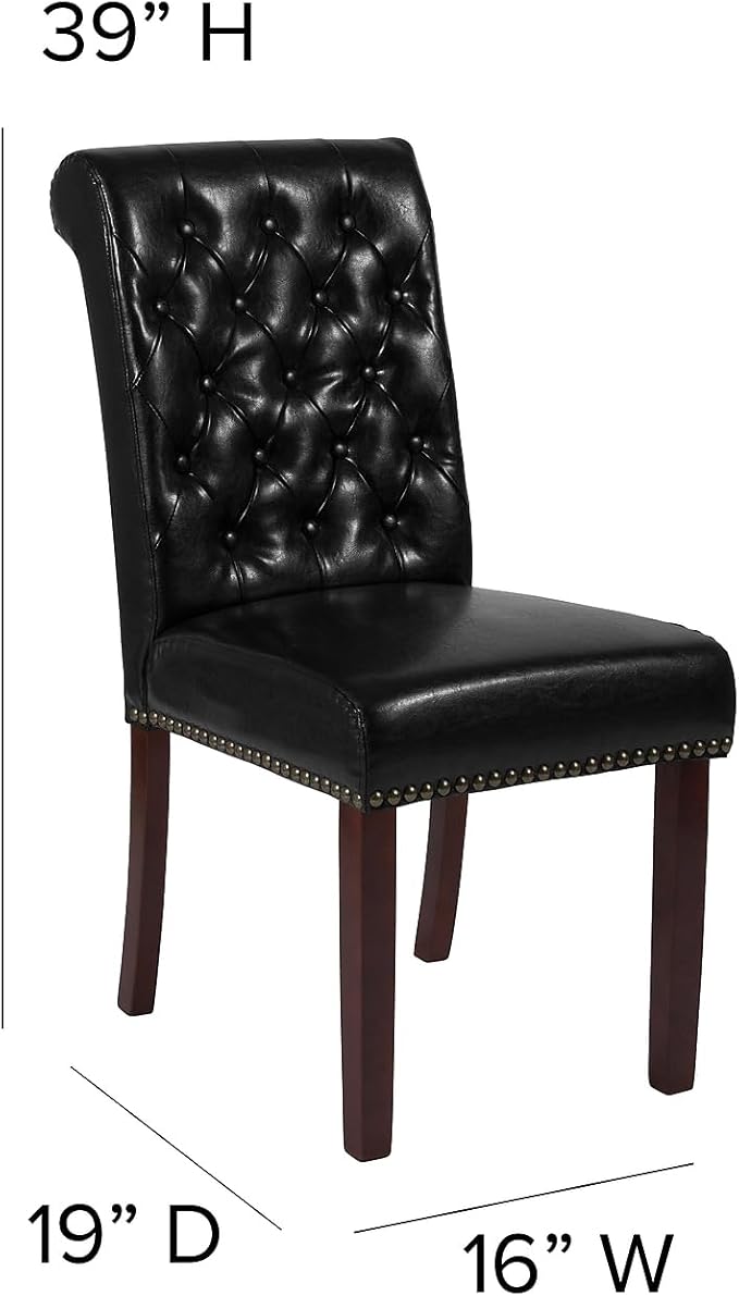Flash Furniture HERCULES Series Black LeatherSoft Parsons Chair with Rolled Back, Accent Nail Trim and Walnut Finish