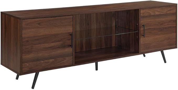 Walker Edison Saxon Mid Century Modern 2 Door Glass Shelf TV Stand for TVs up to 80 Inches, 70 Inch, Dark Walnut