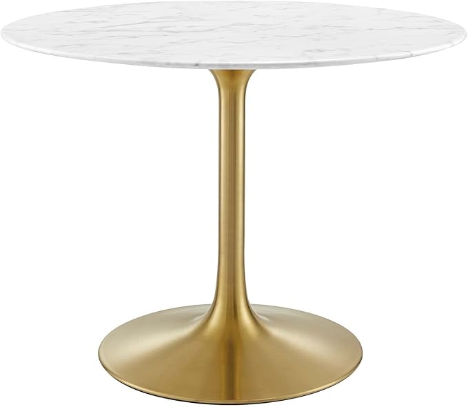 Modway Lippa 40" Mid-Century Dining Table with Round Artificial Marble Top in Gold White