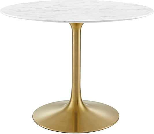 Modway Lippa 40" Mid-Century Dining Table with Round Artificial Marble Top in Gold White