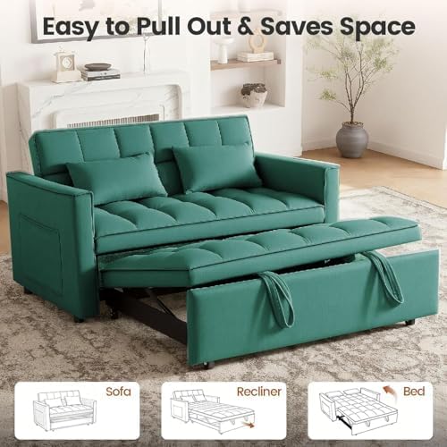 3 in 1 Convertible Sofa Bed, Velvet Fabric Loveseat Sleeper Sofa with Side Pockets, Pull Out Couch with Adjustable Backrest for Small Spaces, Living Room, Bedroom, Apartment, Green