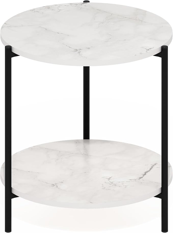 Furinno Besi 2-Tier Modern Round Side End Table with Sturdy Metal Legs, 15.55 (W) x 10.58 (H) x 5.46 (D) inches, Marble White