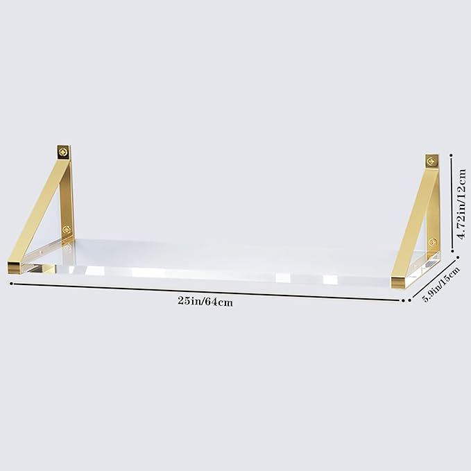 Sturdy Large 25×5.9 inch Thicker 2/5"(10mm) Crystal-Clear Acrylic Gold Shelves for Wall,Gold Floating Shelves,Clear Shelves for Wall Décor, Bathroom,Bedroom Pack of 2