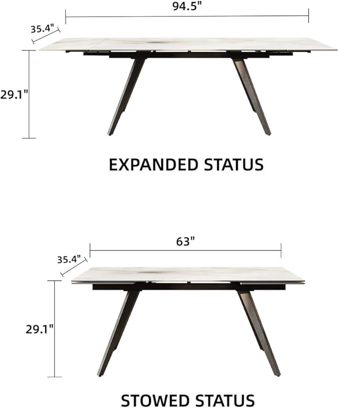 Extendable Dining Table with Leaf, 65"-95" Rectangular Sintered Stone, Marble-Look Top, Seats 6-12, Metal Base, Easy-Clean, Heat & Scratch Resistant, Dining Room/Kitchen Table for Family Gatherings