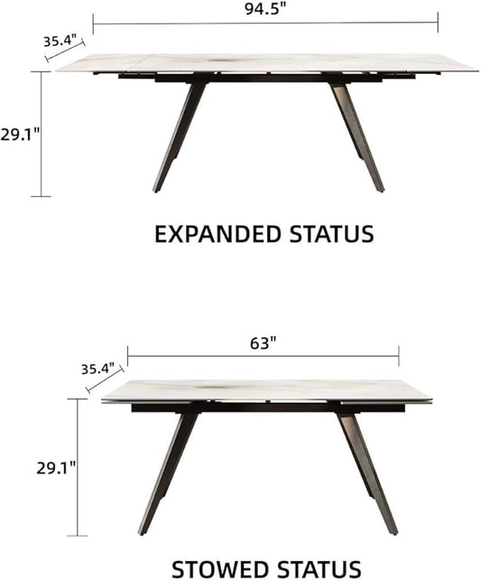 Extendable Dining Table with Leaf, 65"-95" Rectangular Sintered Stone, Marble-Look Top, Seats 6-12, Metal Base, Easy-Clean, Heat & Scratch Resistant, Dining Room/Kitchen Table for Family Gatherings