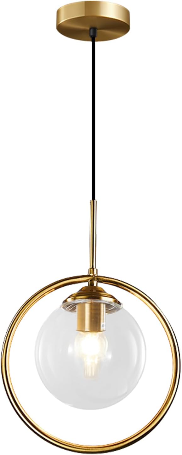 BOKT Clear Bubble Glass Globe Pendant Light Brushed Gold Circle Round Pendant Lighting Mid Century Modern 1-Light Large Single Kitchen Island Bar Lighting Fixture Ceiling Hanging