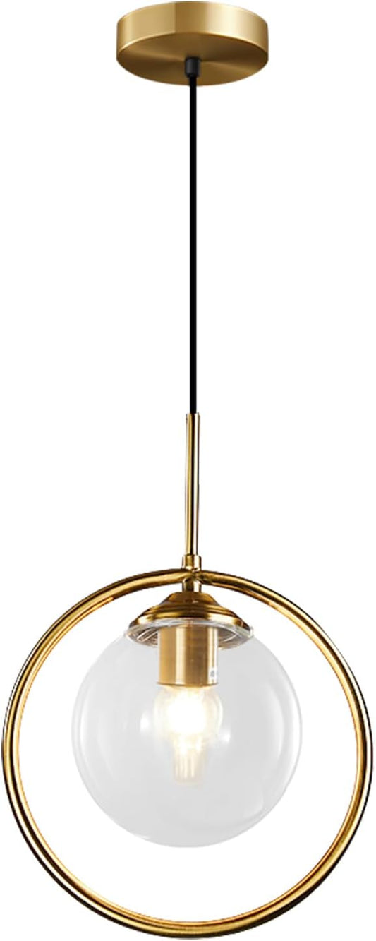 BOKT Clear Bubble Glass Globe Pendant Light Brushed Gold Circle Round Pendant Lighting Mid Century Modern 1-Light Large Single Kitchen Island Bar Lighting Fixture Ceiling Hanging