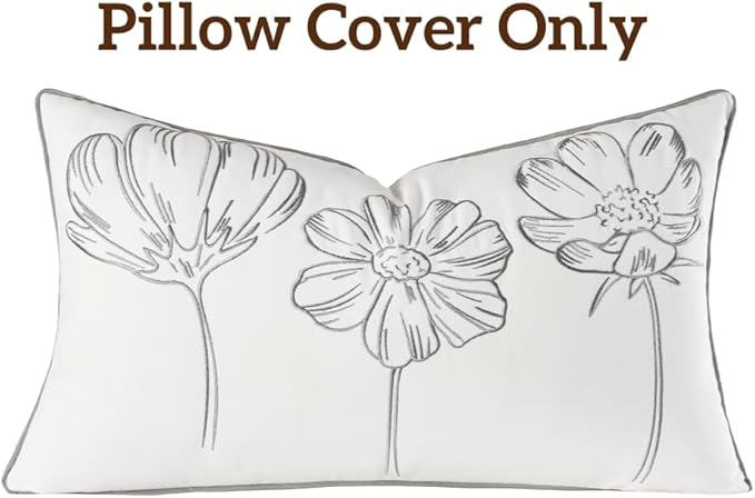 Sunkifover Decorative Floral Lumbar Pillow Cover 12x20 Inch Grey and White Cotton Embroidery Flower Throw Pillowcase Cushion Cover for Bed Bedroom, Living Room, Sofa