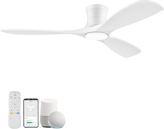 52” Wood Smart Flush Mount Ceiling Fans with Lights and Remote,Quiet DC Motor,Outdoor Indoor Ultra Low Profile Ceiling Fan works with Alexa WIFI APP,Modern White Ceiling Fan for Bedroom Patio