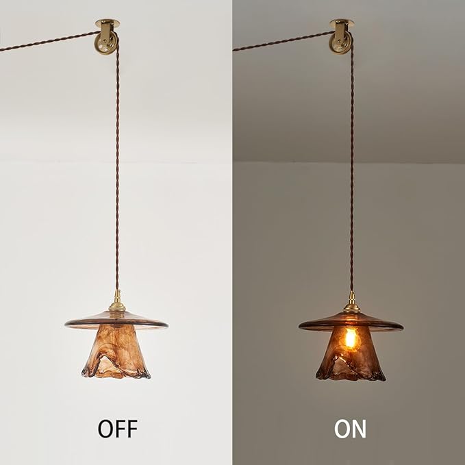 YLONG-ZS Vintage Glass Hanging Pendant Light Plug in, Modern Gold Brass Pulley Hanging Ceiling Pendant Lights for Kitchen Island,Dining Room,Living Room,Bedroom,Corner, Hotel