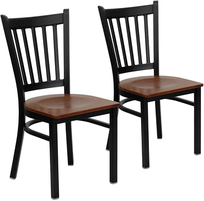 Flash Furniture 2 Pack HERCULES Series Black Vertical Back Metal Restaurant Chair - Cherry Wood Seat