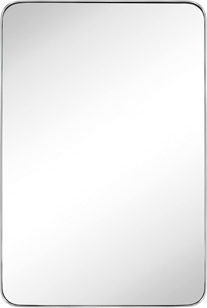 GRACTO 24 x 36'' Polished Nickel Rectangle Bathroom Vanity Mirror for Wall Polished Silver Metal Framed Rounded Rectangular Bathroom Vanity Mirrors, Vertical and Horizontal Hanging…