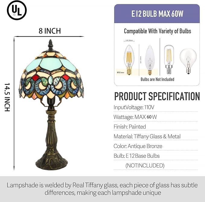 Small Tiffany Lamp Mini Accent Table Lamp Stained Glass Desk Memory Lamp Sympathy 8X14.5 Inch (Sapphire Style)