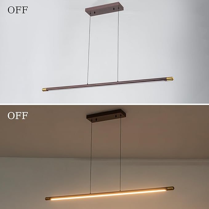 47.2" Wood Linear Pendant Light, Modern Dimmable LED Kitchen Island Lighting 3000K 20W Adjustable Hanging Chandelier for Dining Room Bar Office Walnut Color