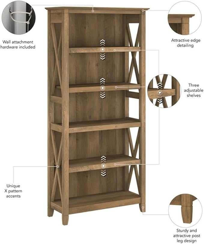 Bush Home Key West 5 Shelf Bookcase - Set of 2 | Tall Bookshelves in Reclaimed Pine | Sturdy Display Shelves for Library, Living Room, and Home Office