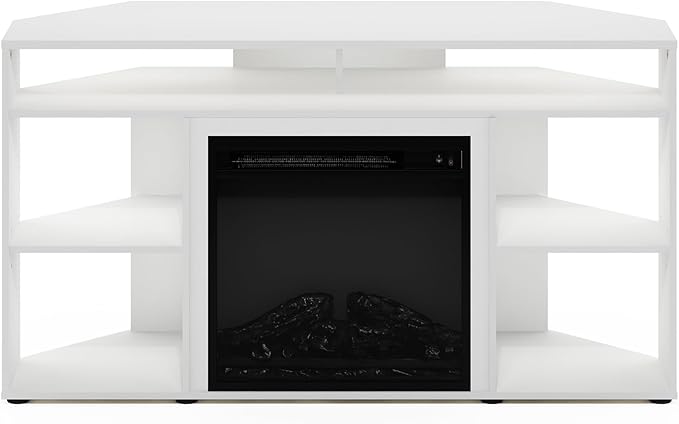 Furinno Jensen Corner Stand with Fireplace for TV up to 55 Inches, 55-Inch, Solid White