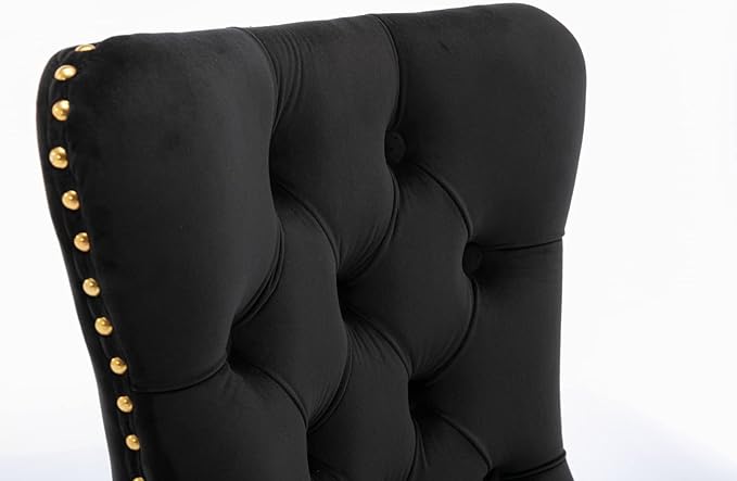 Solid Wood Velvet Upholstered Dining Chair with Golden Stainless Steel Plating Legs,Contemporary Design W/Nailhead Trim,Set of 2,for Living Room,Apartment,Black and Gold