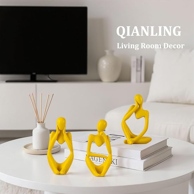 Yellow Thinker Statue Decor for TV Stand, Shelf, Desk, or Coffee Table - Set of 3 Resin Figurines for Living Room Decorative Objects, Modern Sculpture, Minimalist Bookcase Decor, Home Accents