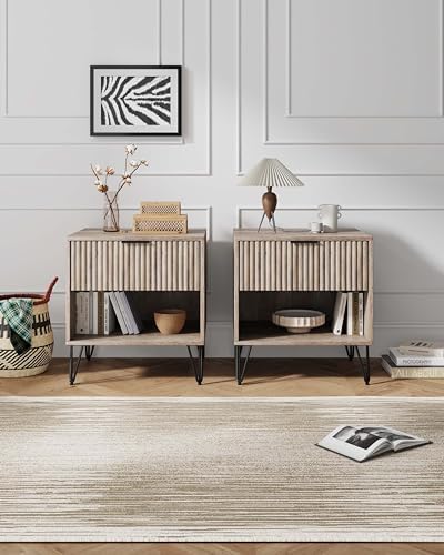 Manhattan Comfort Dumbo Modern Nightstand 1.0 with 1 Drawer and Metal Feet | Splayed Black Legs | Vertical Ribbed Design | No Tool Assembly Storage for Bedroom & Living Room, Set of 2, Rustic Grey