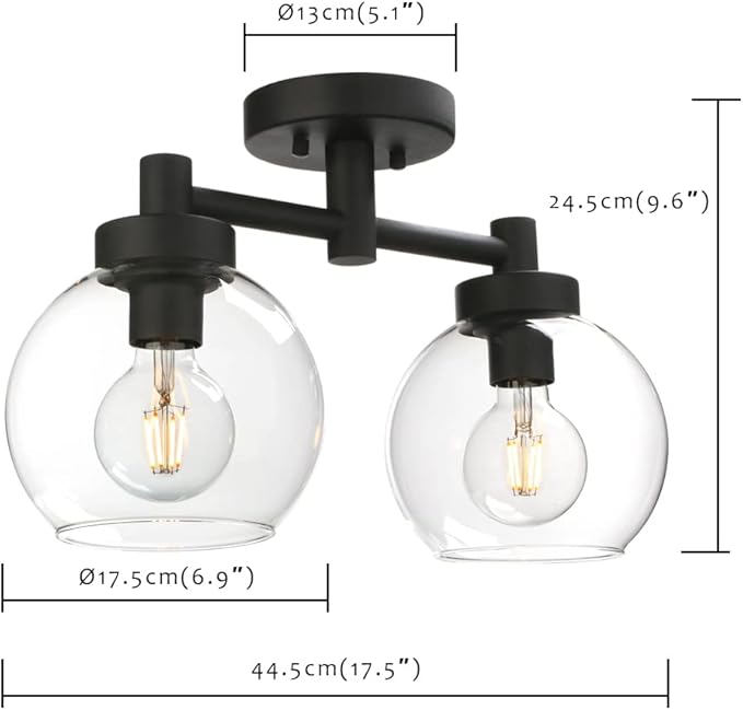 Pathson Glass Ceiling Light Fixtures, 2 Lights Globe Round Ceiling Lighting Lamp, Semi-Flush Mounted Ceiling Lights for Living Room Bathroom Hallway Loft Kitchen